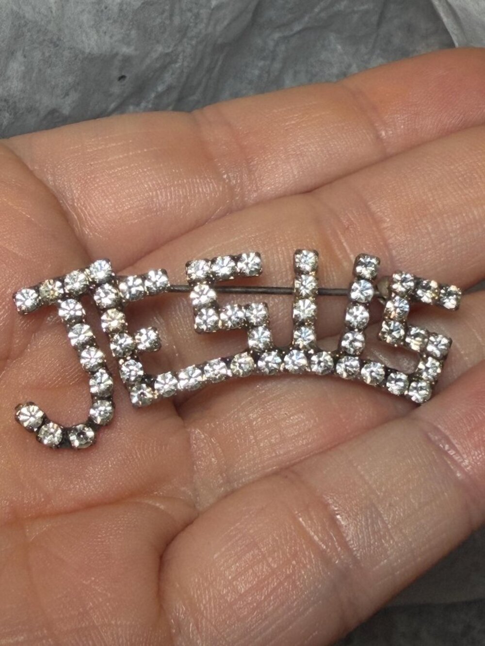 Vintage Rhinestone JESUS Brooch Silver Tone Religious Pin 2 inches